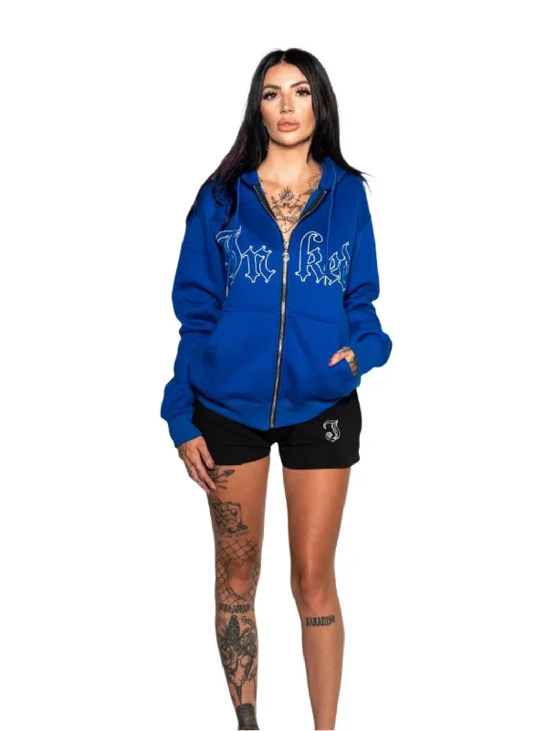 Women's Inked Embroidered Zip Up Hoodie - Blue/White