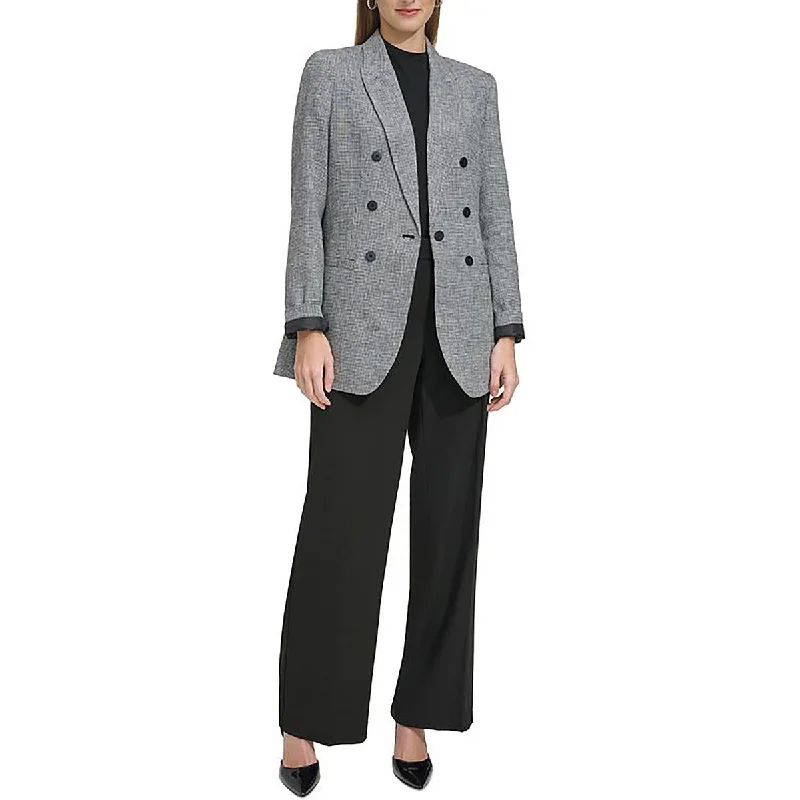 Womens Linen Blend Check One-Button Blazer