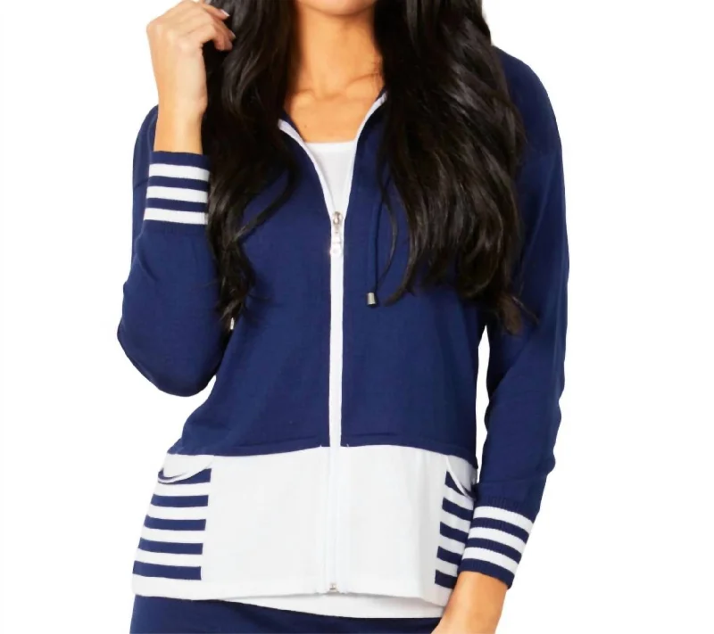 Zip Up Hoodie Double Stripe W/ Pockets In Navy/white